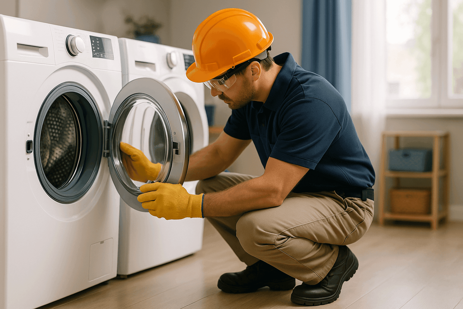 Technician inspecting a front-load washing machine in a laundry room