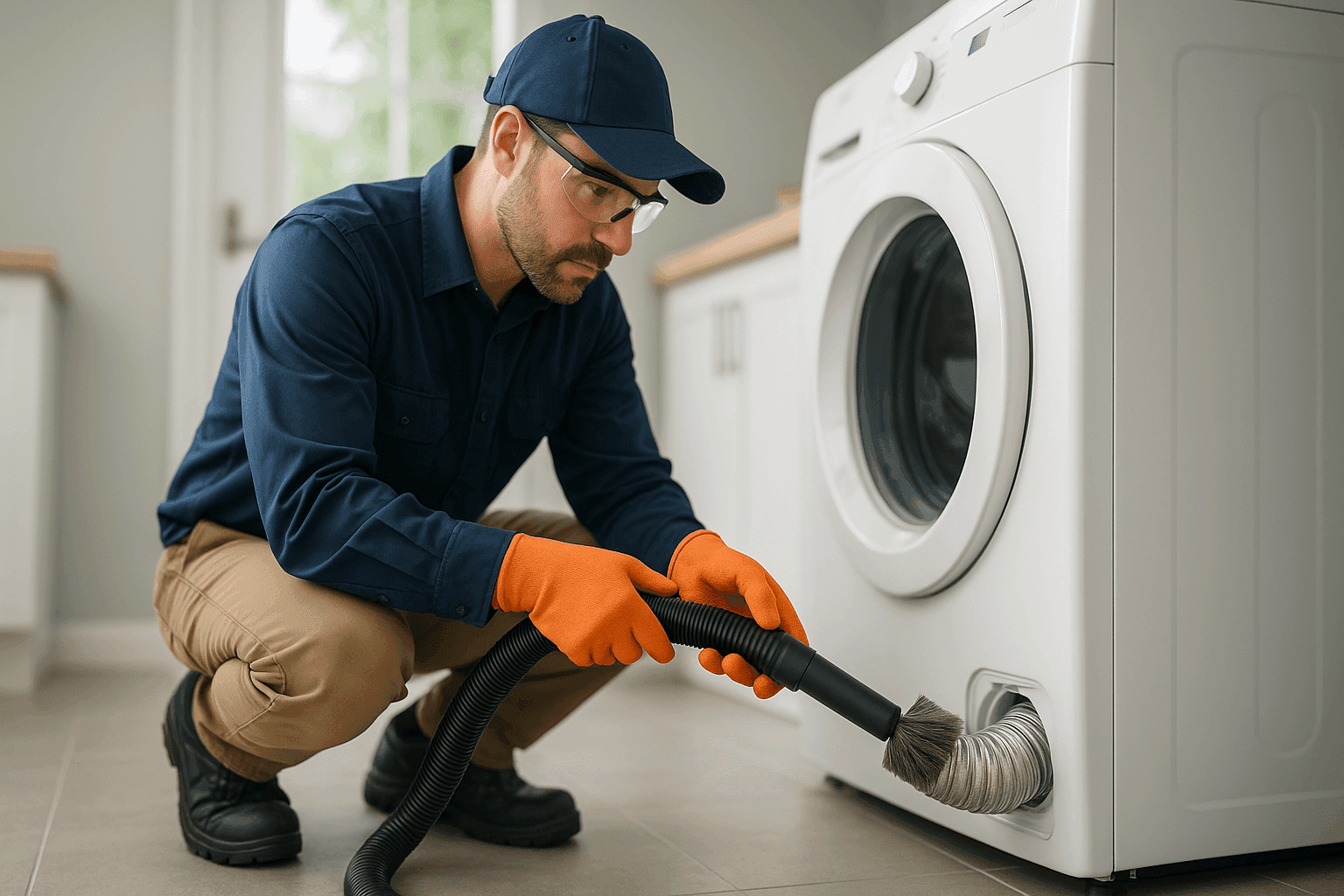 Technician cleaning a home dryer vent with vacuum tools