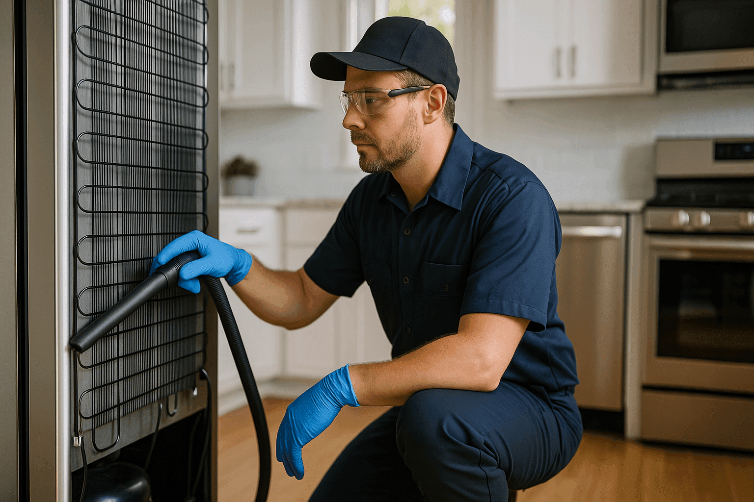 Technician vacuuming refrigerator coils behind a kitchen appliance