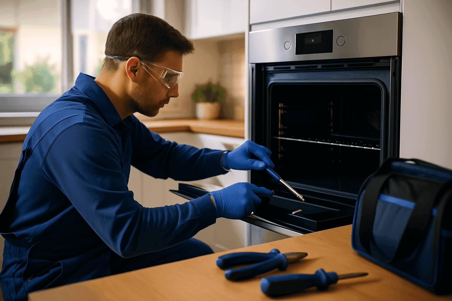 Technician in PPE repairing modern kitchen appliance in clean residential kitchen