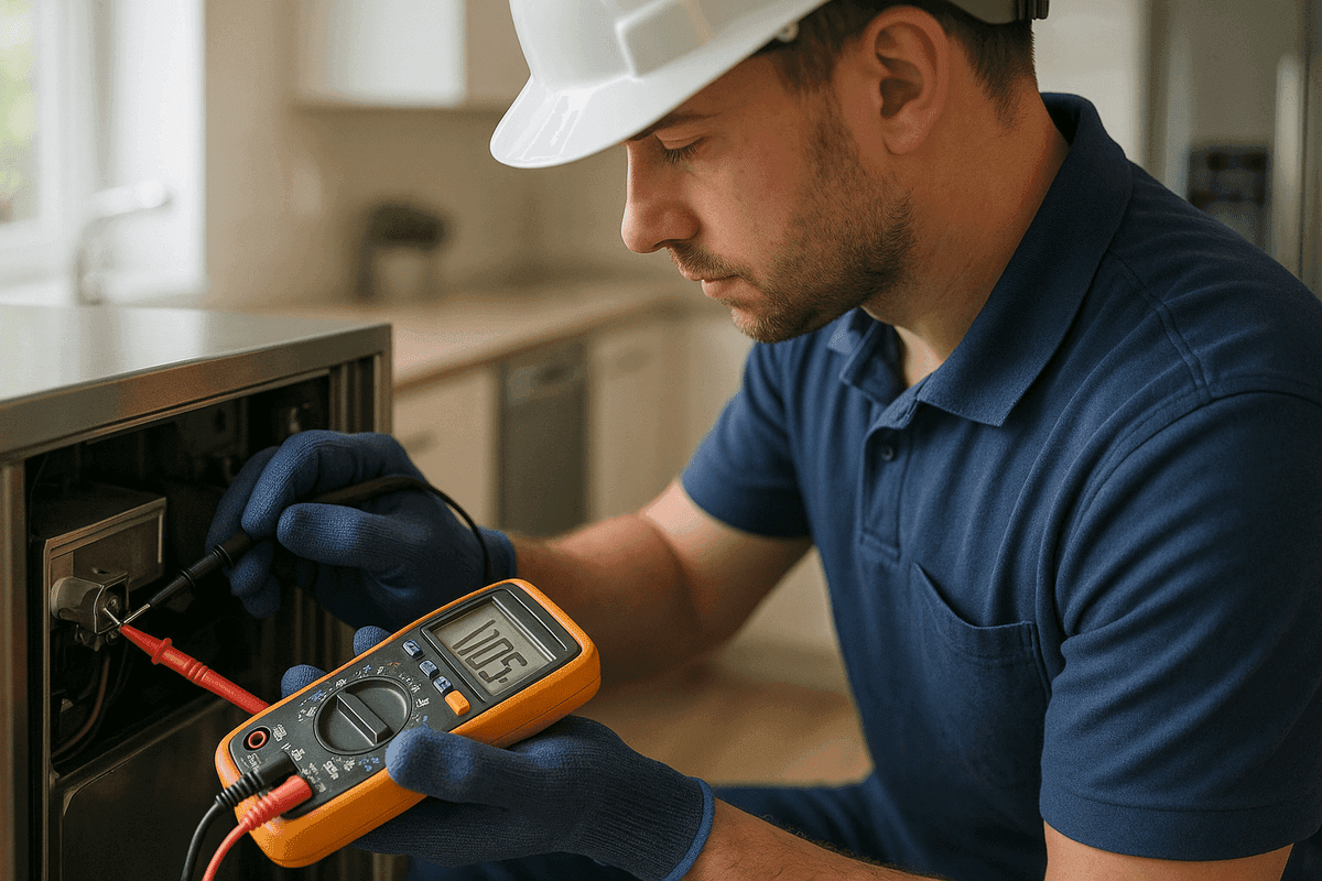 Close-up of gloved hands using digital multimeter on appliance component in kitchen
